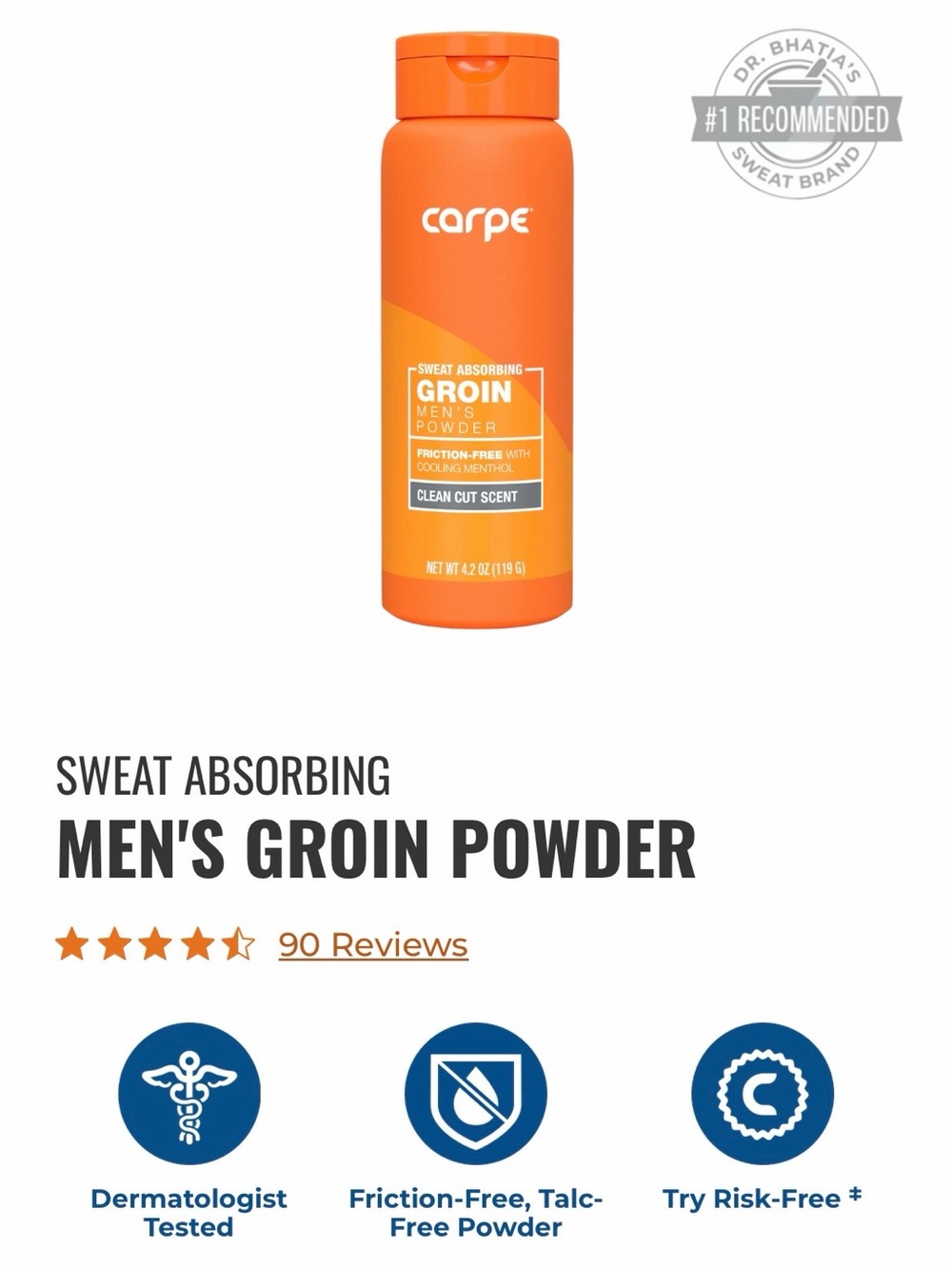 Carpe Men’s Sweat Absorbing Groin Powder - Orange (Clean Cut Scent)